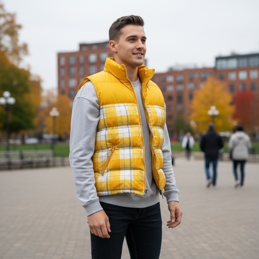 VTG Y2K Jordan Craig Yellow Plaid Reversible Puffer‎ Vest Hooded Size XL NEW